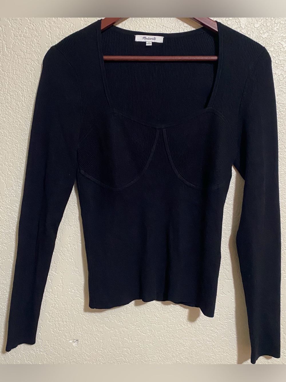 Madewell Wide Rib Sweater Top Sweetheart Neckline Black Slim Corset Bustier Sz L